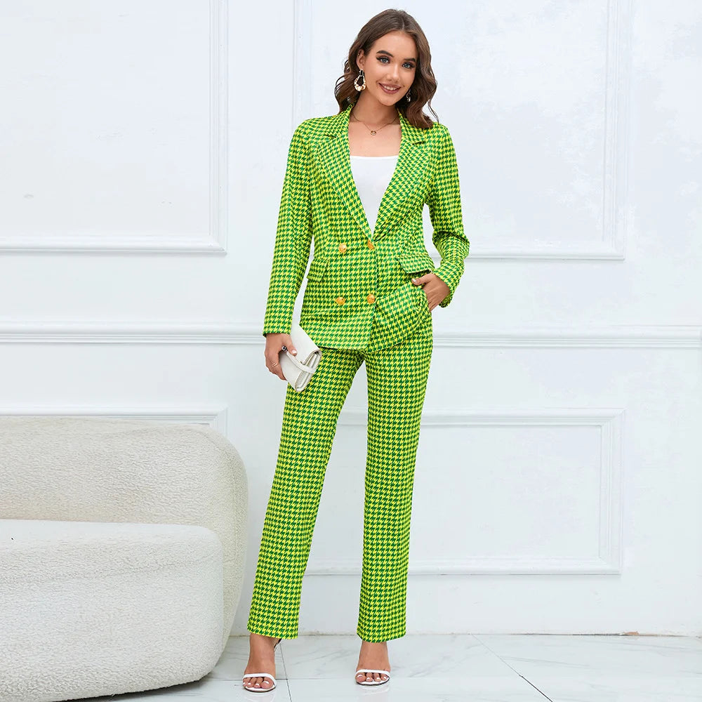 Double Breasted Houndstooth Suit Jacket And Slim Straight Trousers Suit Explosion