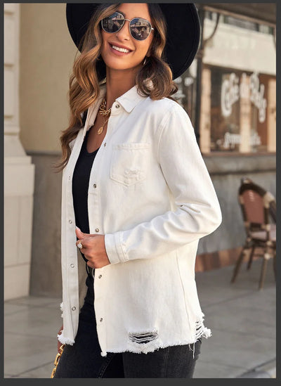 Long Sleeve Jacket With Distressed Long Sleeve Solid Color