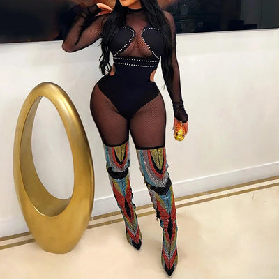 New Mesh Stitching Hot Diamond See Through Sexy Tight Hip Lift Jumpsuit