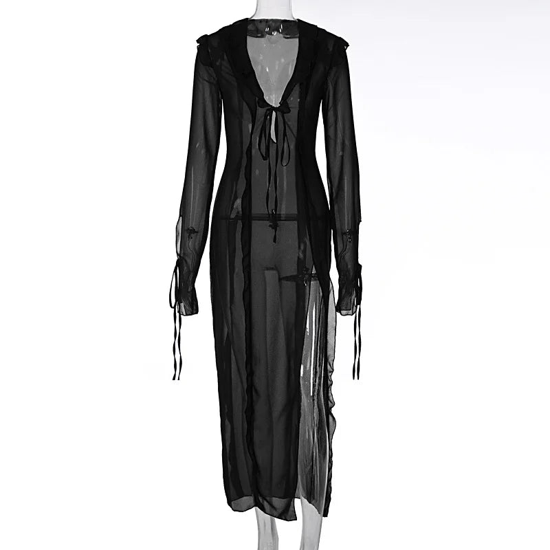 Reverse Side Lace V Neck Split Dress