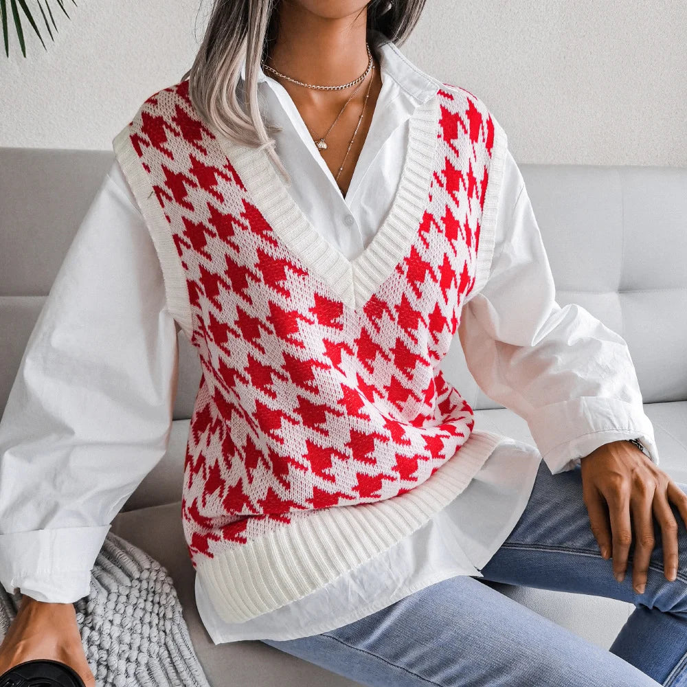 V Neck Houndstooth Casual Loose Knit Vest Sweater