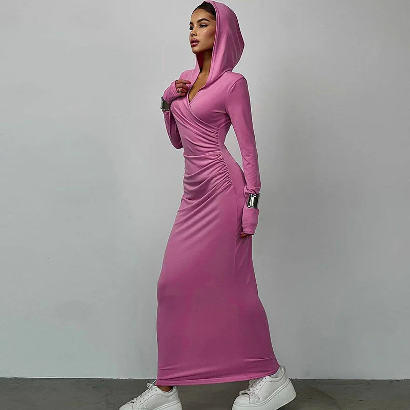 Slim Fit Hooded Athleisure Solid Color Dress