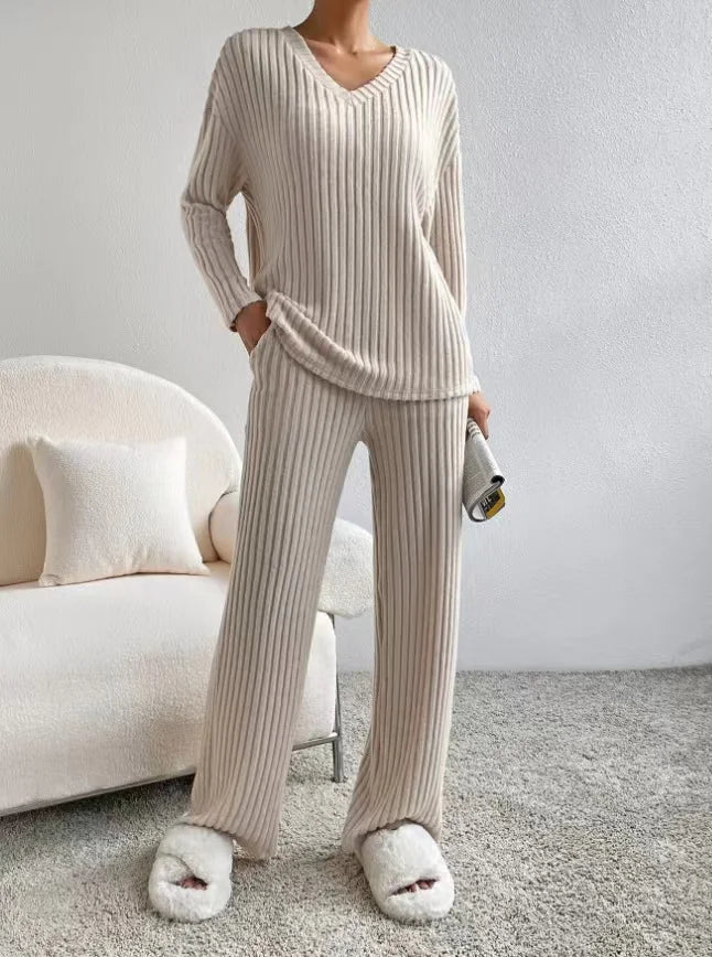 V Neck and Striped Loose Straight Leg Pants