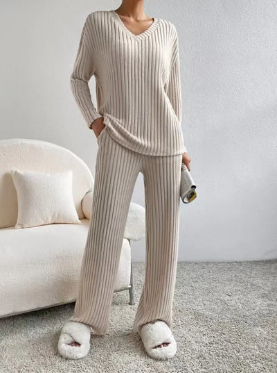 V Neck and Striped Loose Straight Leg Pants