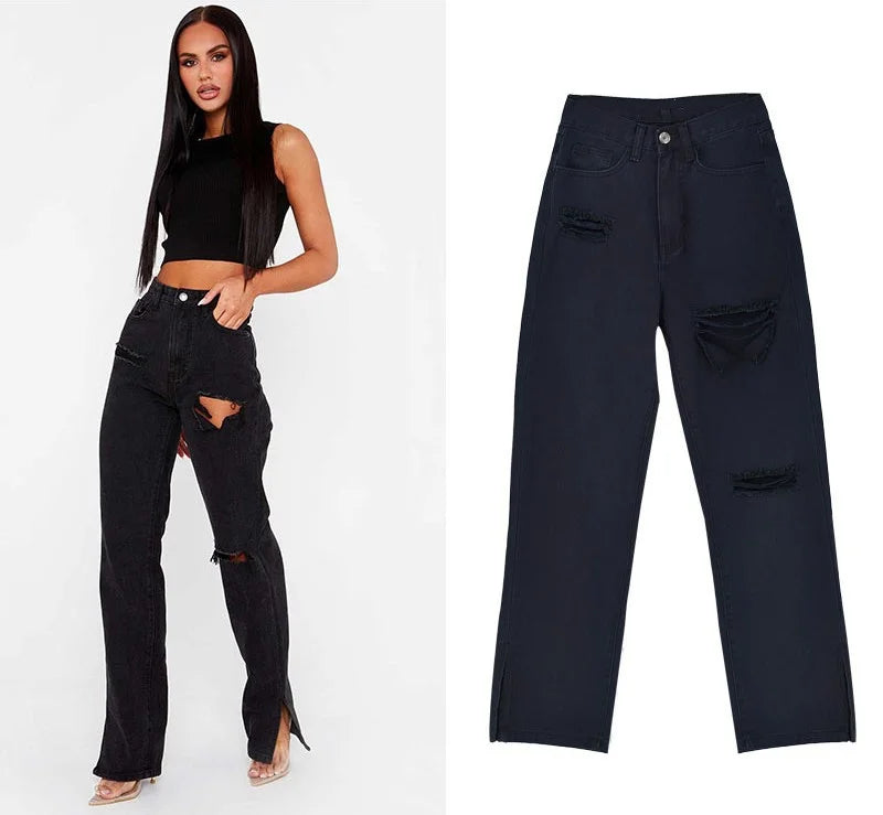 Hipster Straight Leg Jean Pants with Slit
