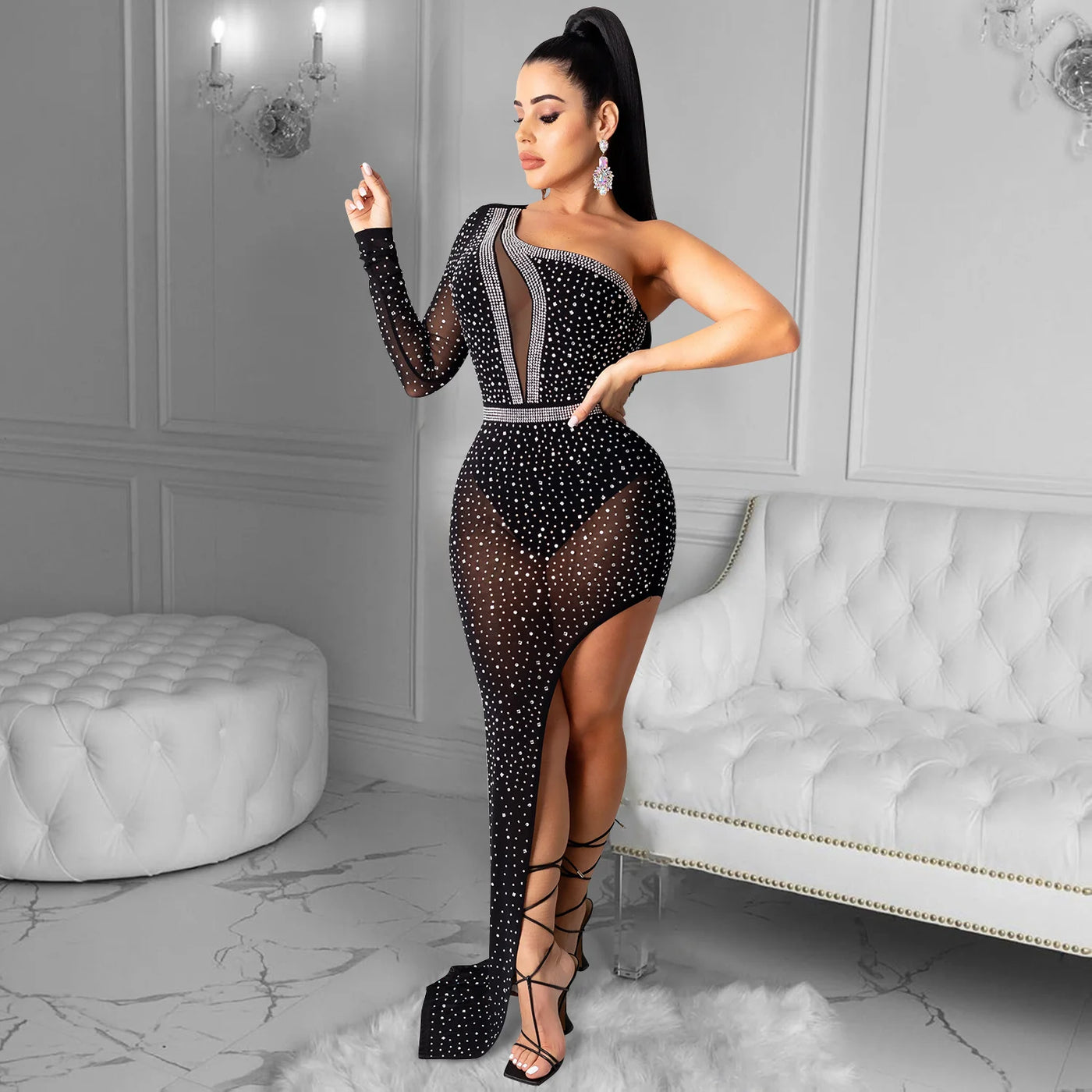 Mesh Perspective Irregular Long Dress