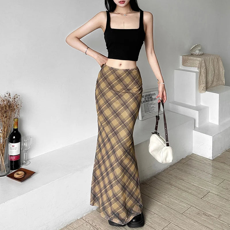 Women’s Solid Color Slim Hip Street Fashion High Waisted Checked Skirt