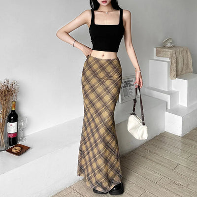Women’s Solid Color Slim Hip Street Fashion High Waisted Checked Skirt