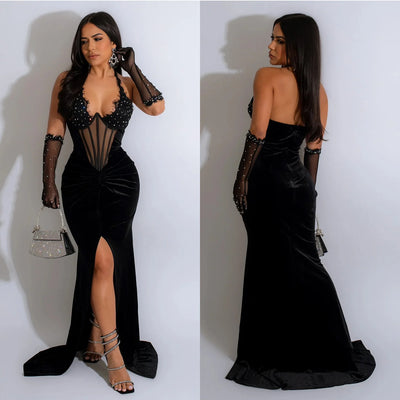 Long Dress With Hanging Neck And Slit