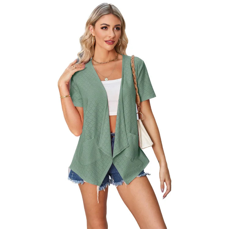 Pop Style Women’s Plain Eyelet Short Sleeved Loose Casual Pocket Cardigan
