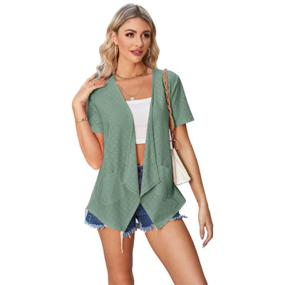 Pop Style Women’s Plain Eyelet Short Sleeved Loose Casual Pocket Cardigan