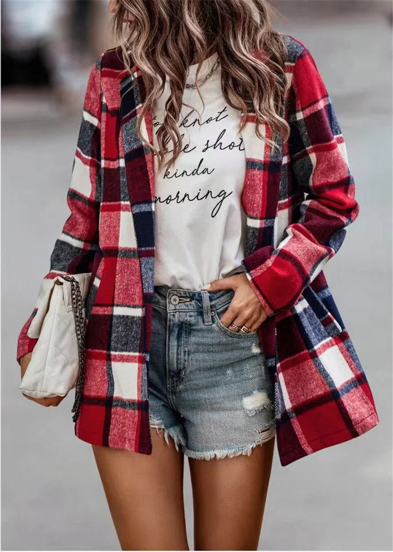 Loose Check Print On Long Sleeve Pocket Woolen Cardigan