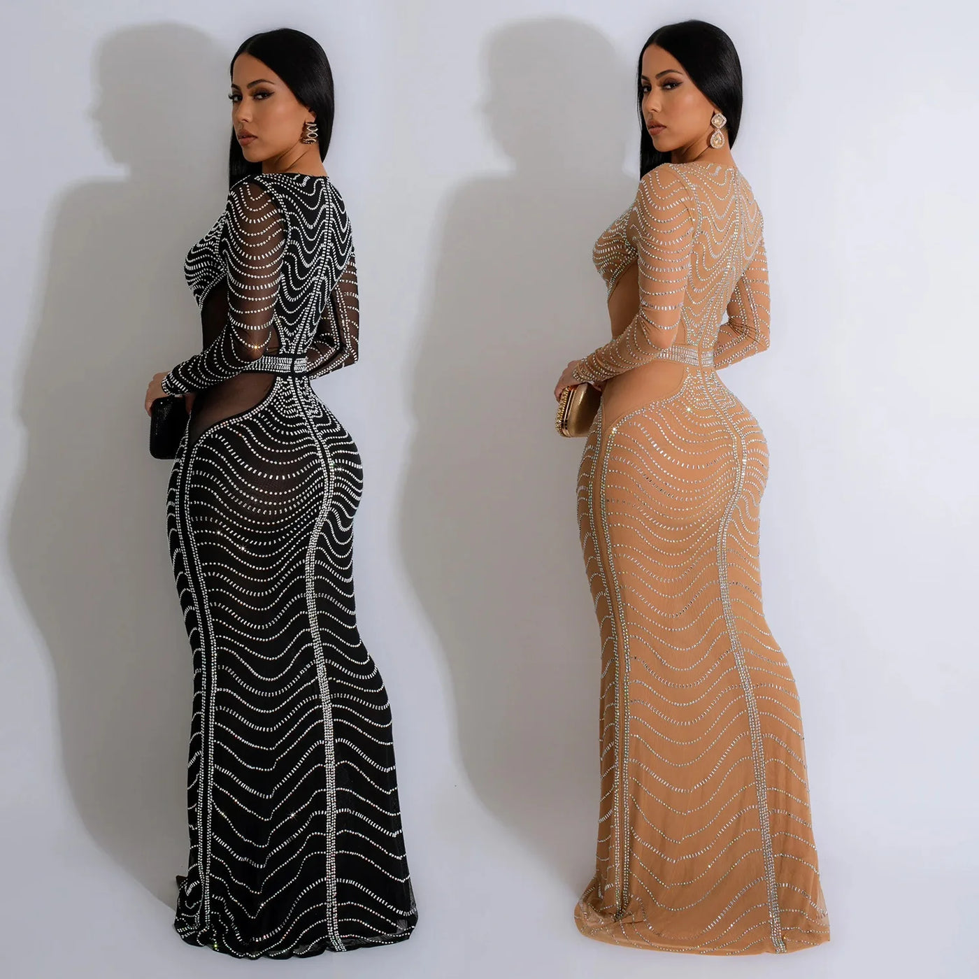 Solid Color Mesh Hot Diamond Long Dress