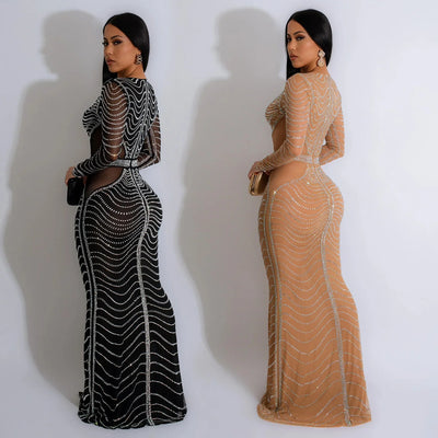 Solid Color Mesh Hot Diamond Long Dress