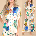 Graffiti Print Satin Short Sleeve Lapel Shirt