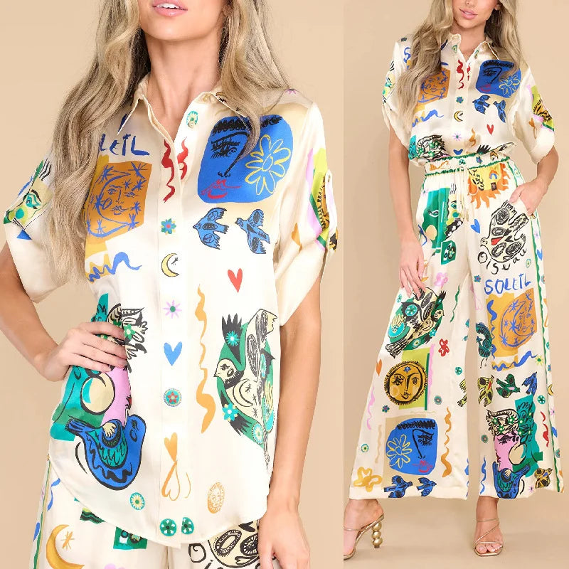Graffiti Print Satin Short Sleeve Lapel Shirt