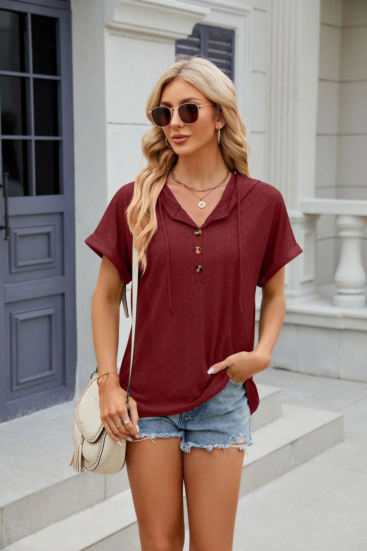 Loose Short Sleeve Button Down Blouse