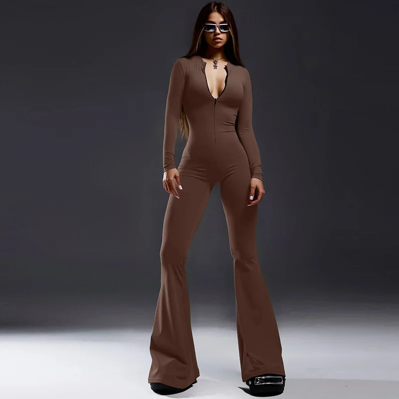 Solid Color Skinny Zipper Sports Yoga Jumpsuit