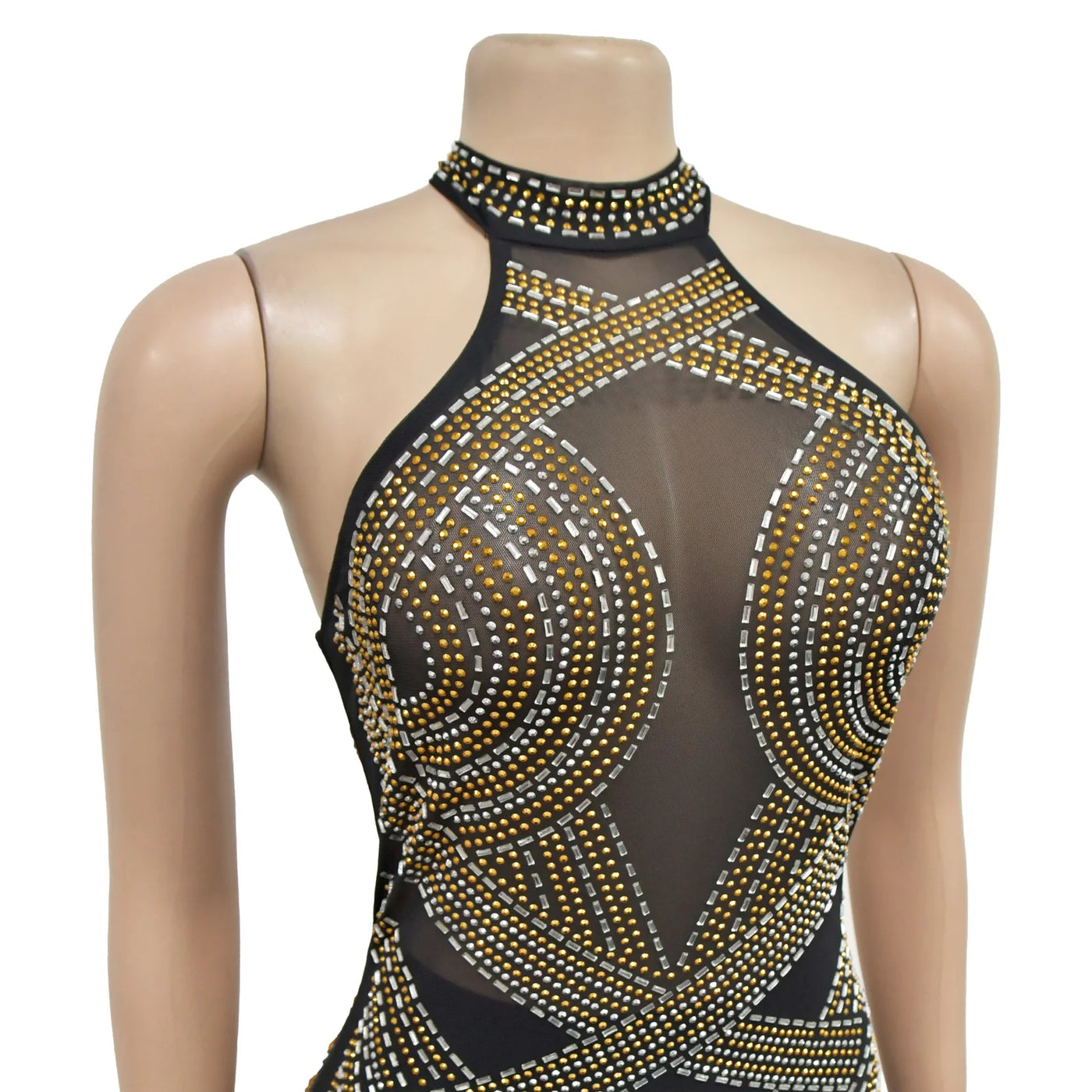 Mesh Hot Diamond Hanging Neck Long Dress