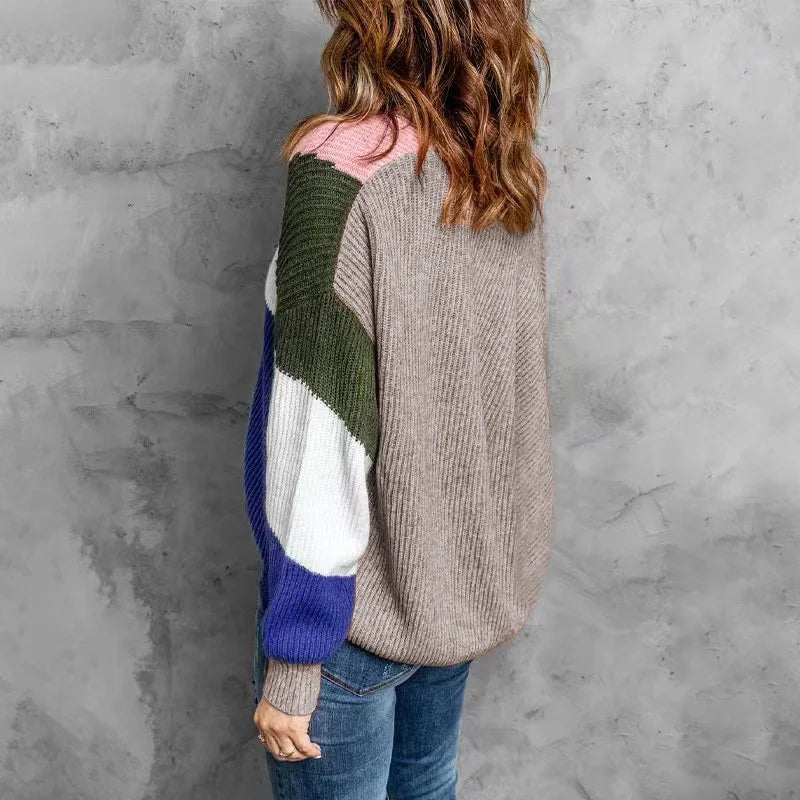 Button Blocking Color Cardigan Sweater Jacket