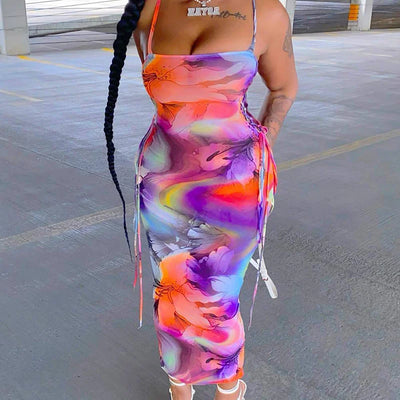 Street Hipster Straight Neck Dress With Printed Bow