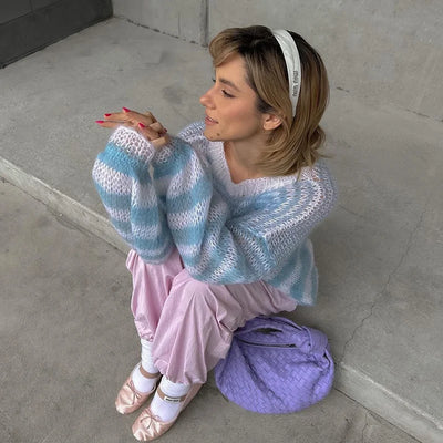Colorful Striped Contrasting Sweater Loose Fitting Pullover Sweater