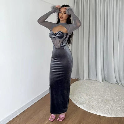 New Plush Mesh Patchwork Nightclub Style Cut Out Maxi Dress Slim Fit