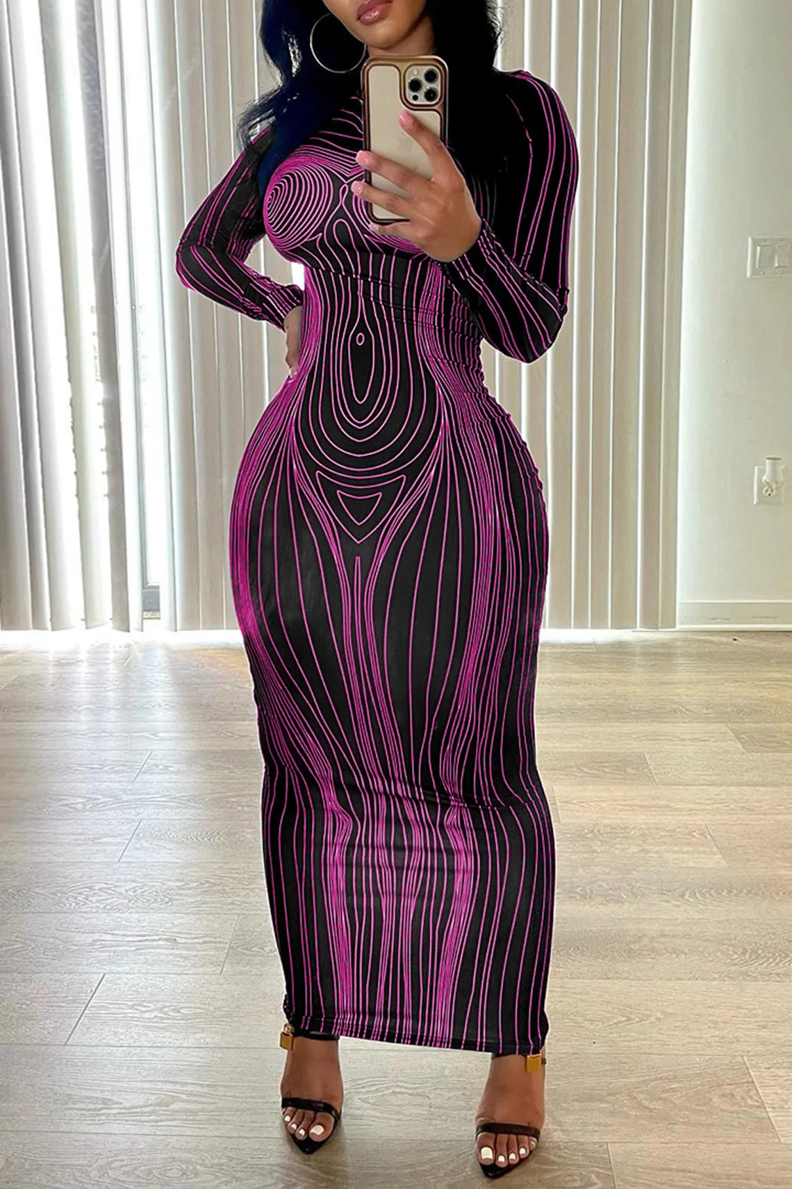 New Hip Skirt Long Sleeve Round Neck Fashion Print Slim Hip Bottom Dress