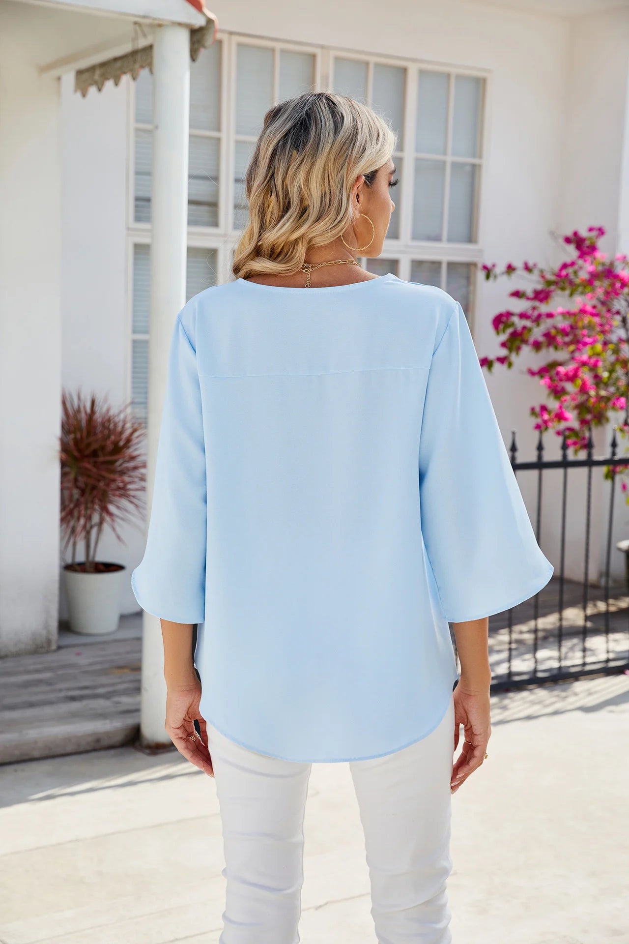 Pure Color V Collar Loose Chiffon Blouse