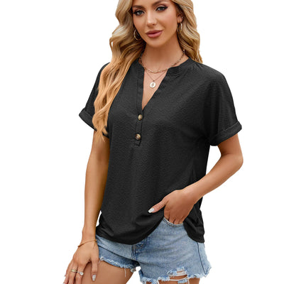 Pure Color V Collar Buttons Loose Short Sleeved T-Shirt Blouse