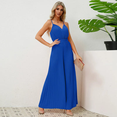 V Neck Sling Pleated One Piece Pants