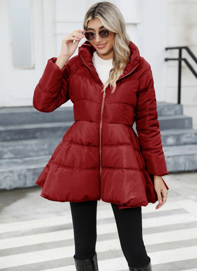Slim Stand Up Collar Women’s Mid Length Padded Waist Cotton Jacket
