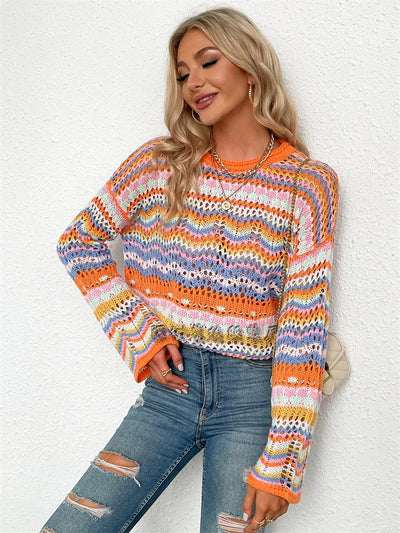Stitched Knit Sweater Loose Intercolored Round Neck Striped Sweater Female