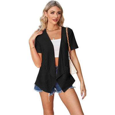 Pop Style Women’s Plain Eyelet Short Sleeved Loose Casual Pocket Cardigan