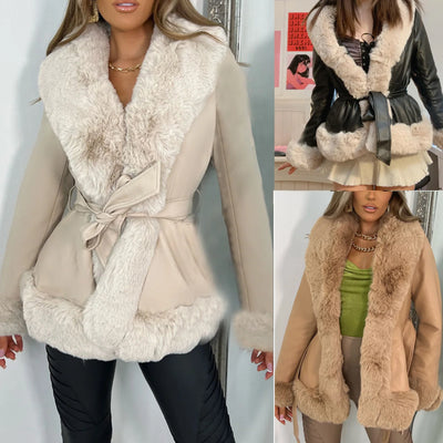 PU Fur Big Collar Tie Waist Leather Jacket