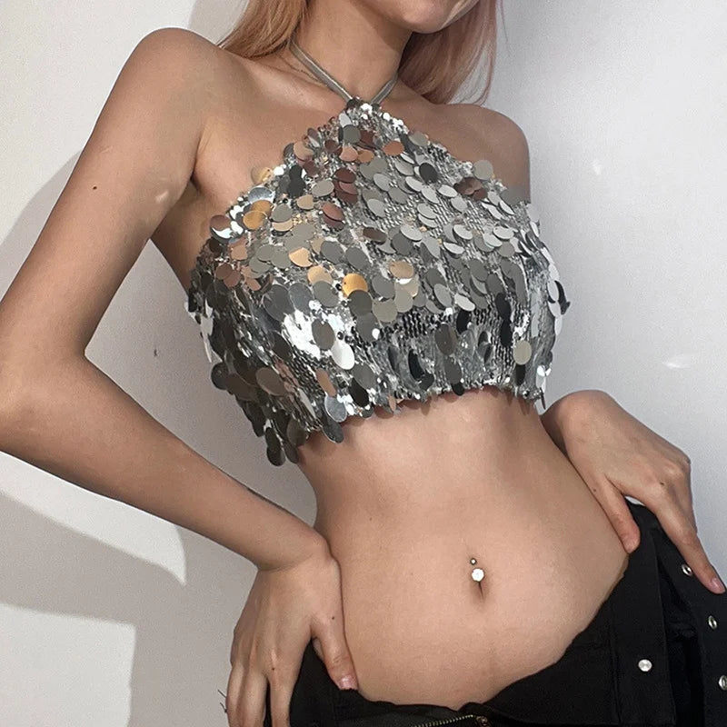 Sexy Halterneck Backless Sequined Small Vest Women