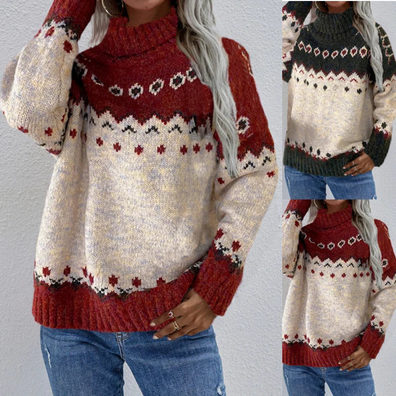 High Necked Pullover Long Sleeved Sweater Jacquard Knitted Thick Sweater