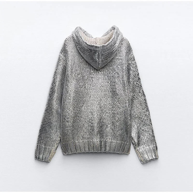 Silver Metallic Ribbed Hooded Long Sleeved Drawstring Pullover Sweater