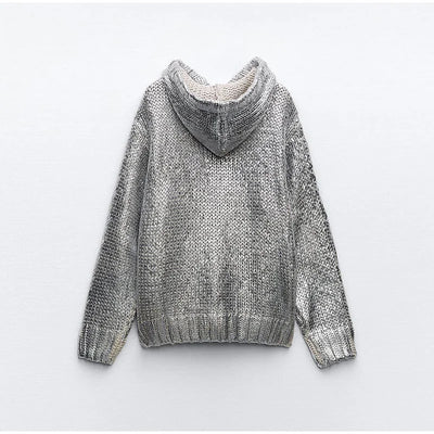 Silver Metallic Ribbed Hooded Long Sleeved Drawstring Pullover Sweater