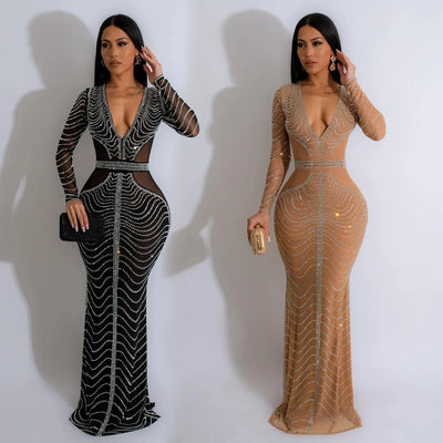 Solid Color Mesh Hot Diamond Long Dress