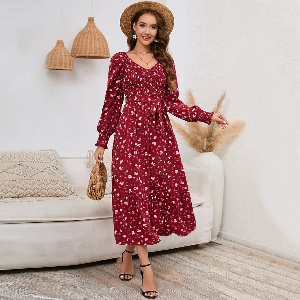 Long Sleeved V Veck Floral Dress