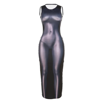 New Fashion 3D Body Print Round Neck Long Sleeve Slim Hip Wrap Dress