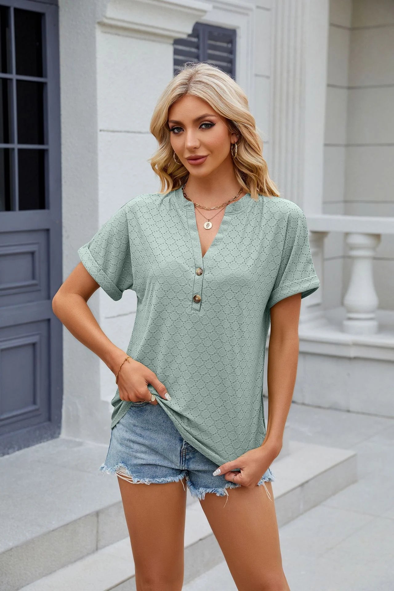 Loose Short Sleeve Button V Neck Blouse