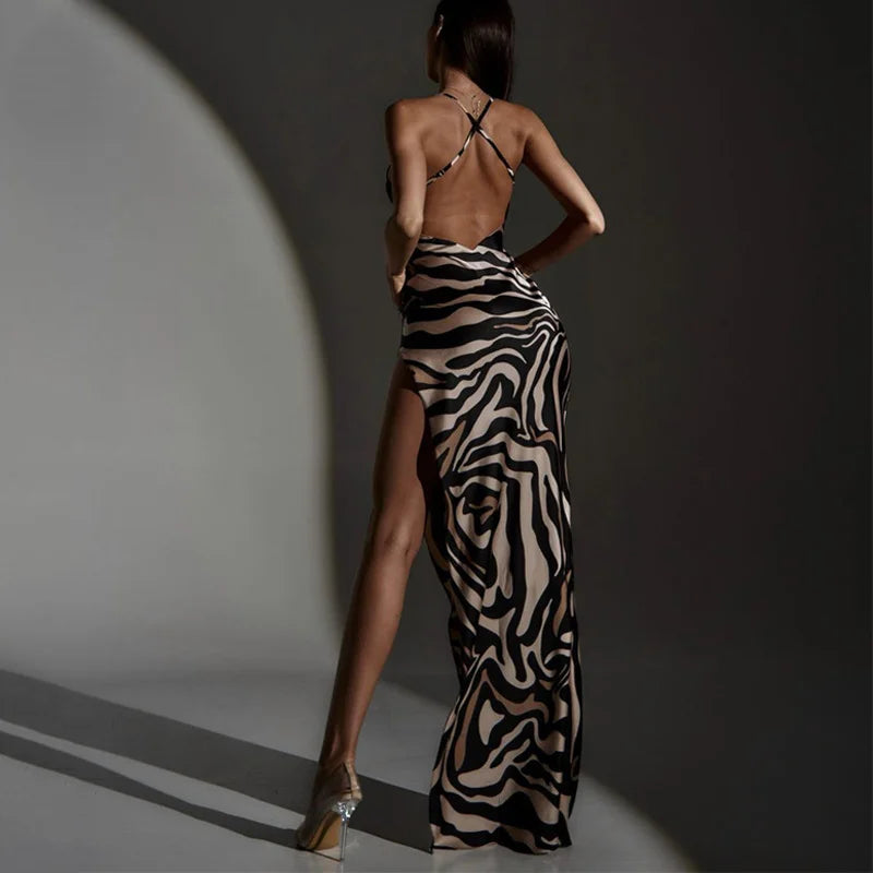 Fashion Print Patchwork Backless Suspender Slit Dress