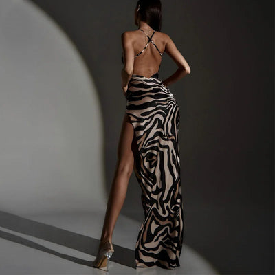 Fashion Print Patchwork Backless Suspender Slit Dress