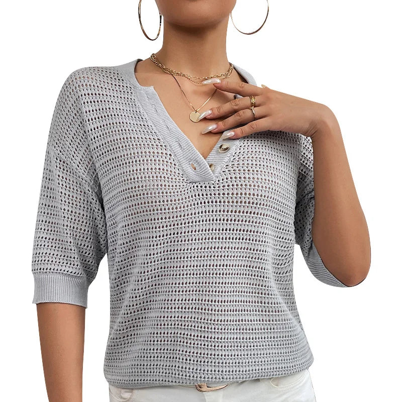 Short Sleeve V Neck Knitted Sweater
