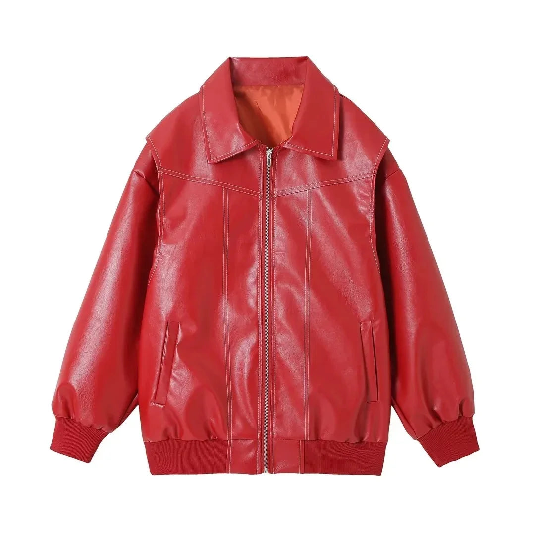 Leather Jacket with Long Sleeves and Zipper