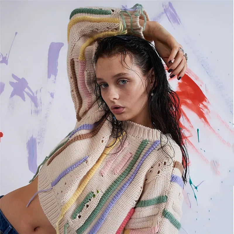 Knitwear Color Blocked Tassels Versatile Casual Sweater