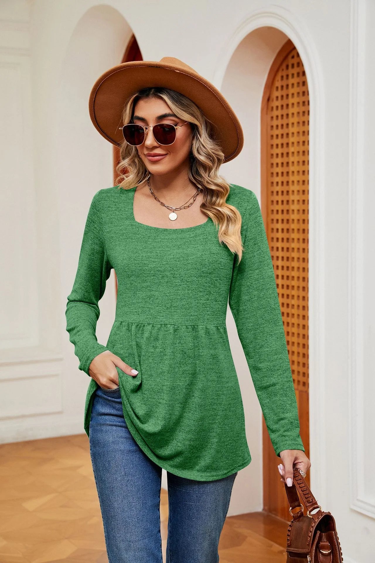 Square Neck Long Sleeve Blouse