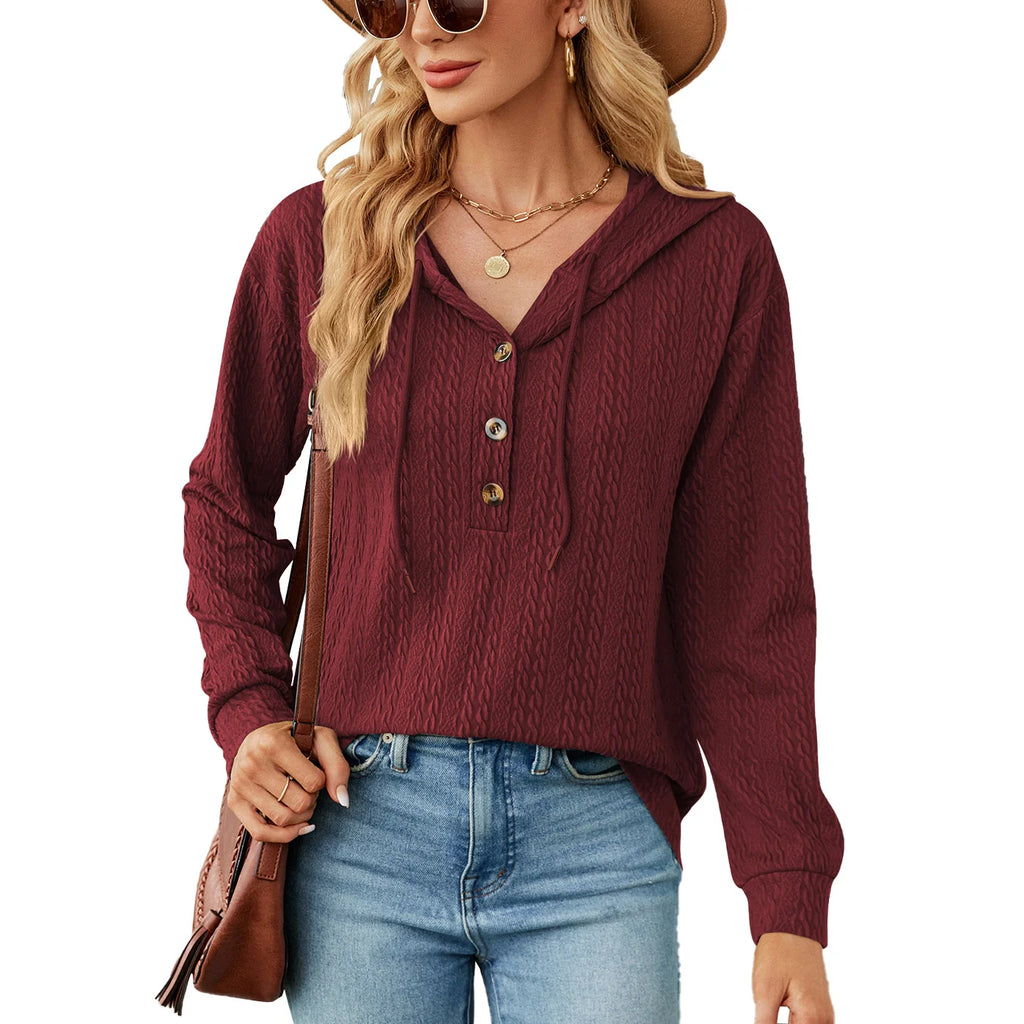 Pure Color Hooded Button Loose Long Sleeved Sweater Ladies